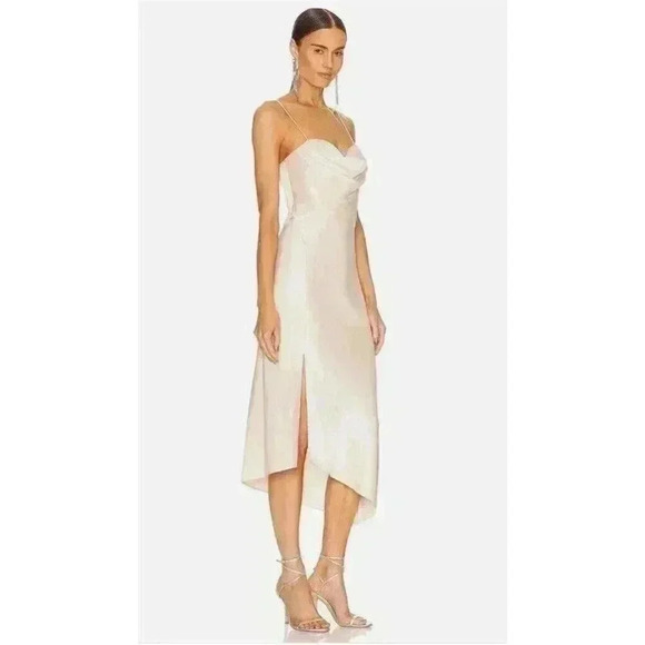 NWT Alice + Olivia Kiyoko Satin Asymmetrical Midi Dress in Champagne Size 4 - Picture 3 of 11